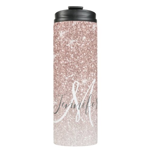 Girly Rose Gold Glitter Blush Monogram Name Thermal Tumbler