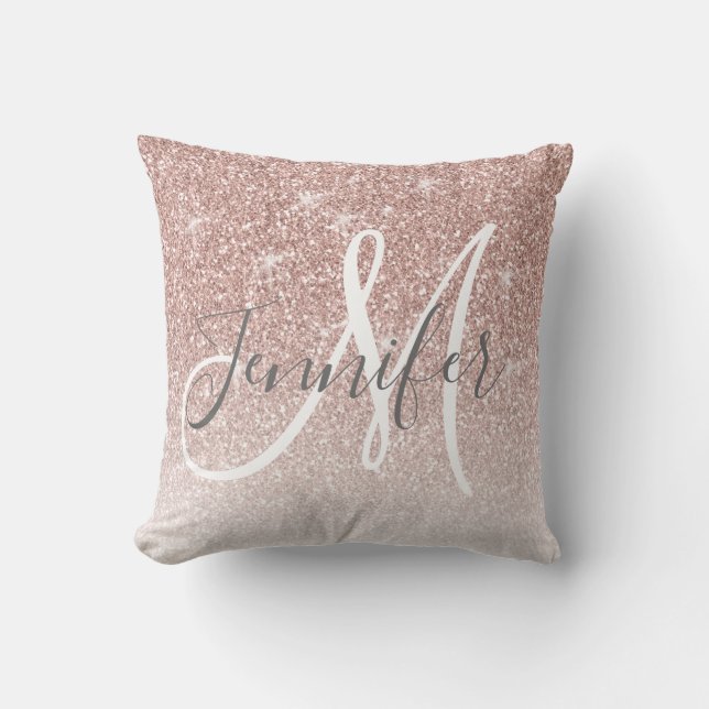 Girly Rose Gold Glitter Blush Monogram Name Throw Pillow (Front)
