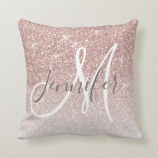 Girly Rose Gold Glitter Blush Monogram Name Throw Pillow