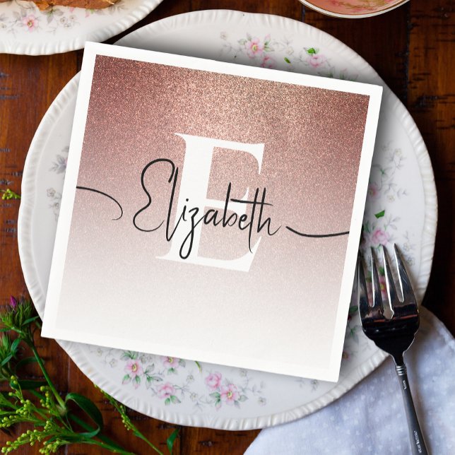 Girly Rose Gold Glitter Blush Monogram Script Name Napkins (Creator Uploaded)