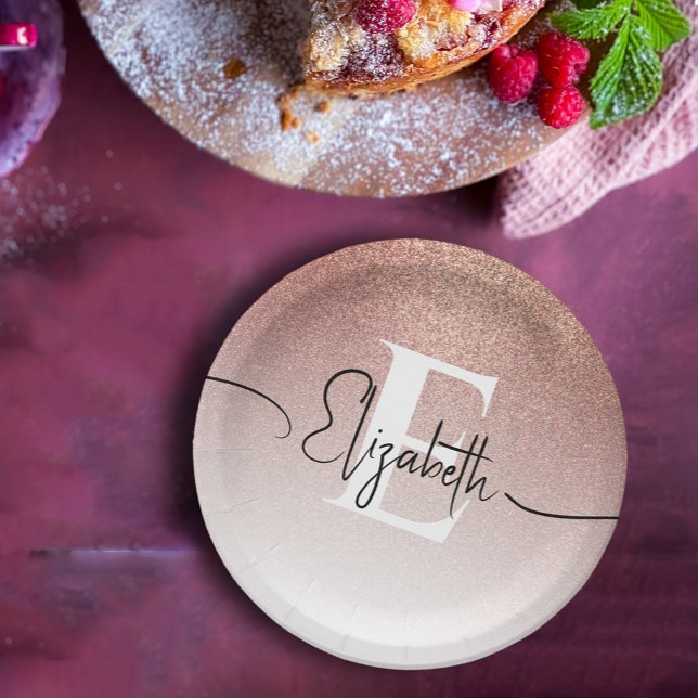 Girly Rose Gold Glitter Blush Monogram Script Name Paper Plates (Creator Uploaded)