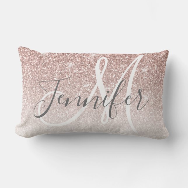 Girly Rose Gold Glitter Blush Name Monogram Lumbar Pillow (Front)