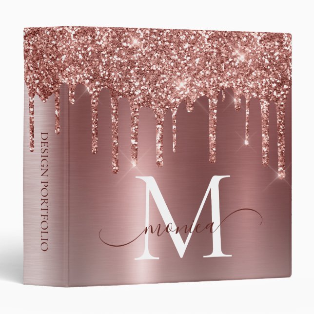 Girly Rose Gold Glitter Blush Ombre Monogram Name 3 Ring Binder (Front/Spine)
