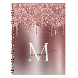 Girly Rose Gold Glitter Blush Ombre Monogram Name Notebook