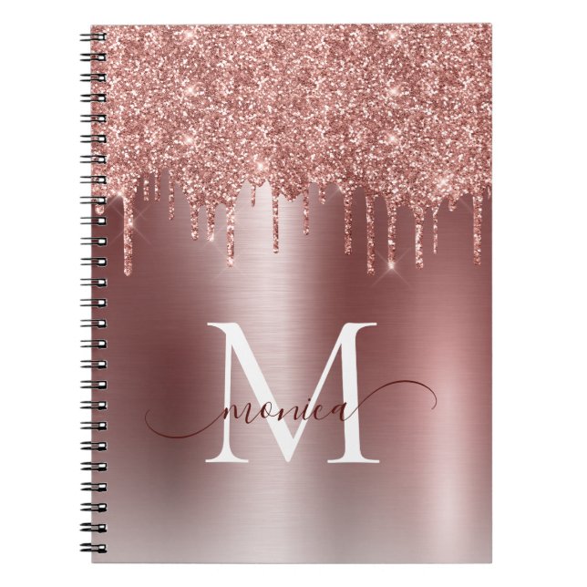 Girly Rose Gold Glitter Blush Ombre Monogram Name Notebook (Front)