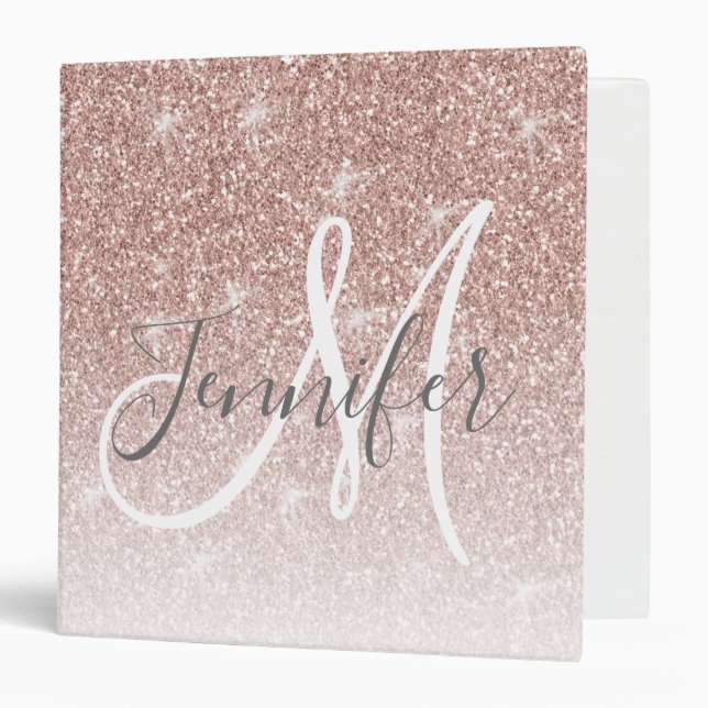 Girly Rose Gold Glitter Blush Pink Monogram Name 3 Ring Binder (Front/Inside)