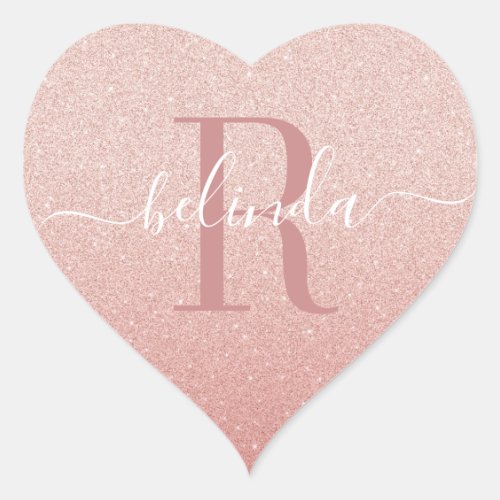 Girly Rose Gold Glitter Blush Pink Monogram Name Heart Sticker