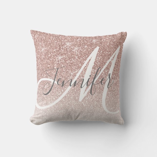 Girly Rose Gold Glitter Blush Script Monogram Throw Pillow (Front)
