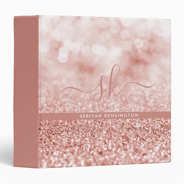 Girly Rose Gold Glitter Bokeh Luxe Monogram 3 Ring Binder (Front/Spine)