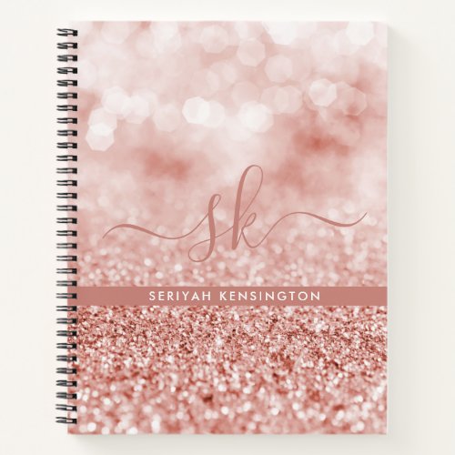 Girly Rose Gold Glitter Bokeh Luxe Monogram Notebook