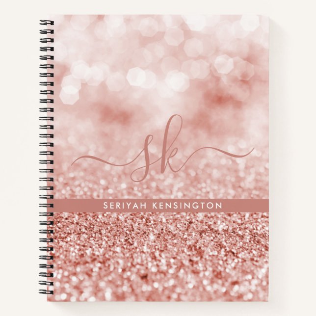 Girly Rose Gold Glitter Bokeh Luxe Monogram Notebook (Front)