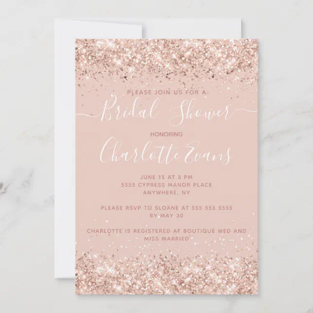 Girly Rose Gold Glitter Bridal Shower Invitation | Zazzle