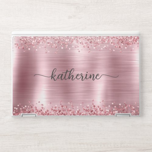 Girly Rose Gold Glitter Confetti Metal Monogram  HP Laptop Skin