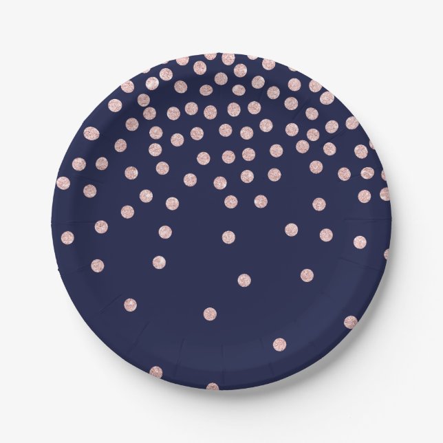 girly rose gold glitter confetti polka dots paper plates (Front)