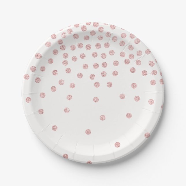 girly rose gold glitter confetti polka dots paper plates (Front)
