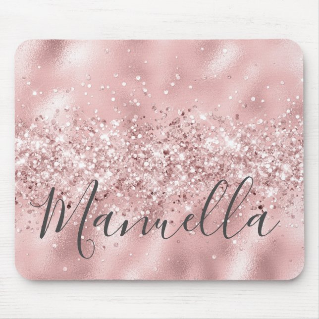 Girly Rose Gold Glitter Custom Name Monogram Mouse Pad (Front)