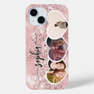 Girly Rose Gold Glitter Custom Name Photo Collage iPhone 15 Case