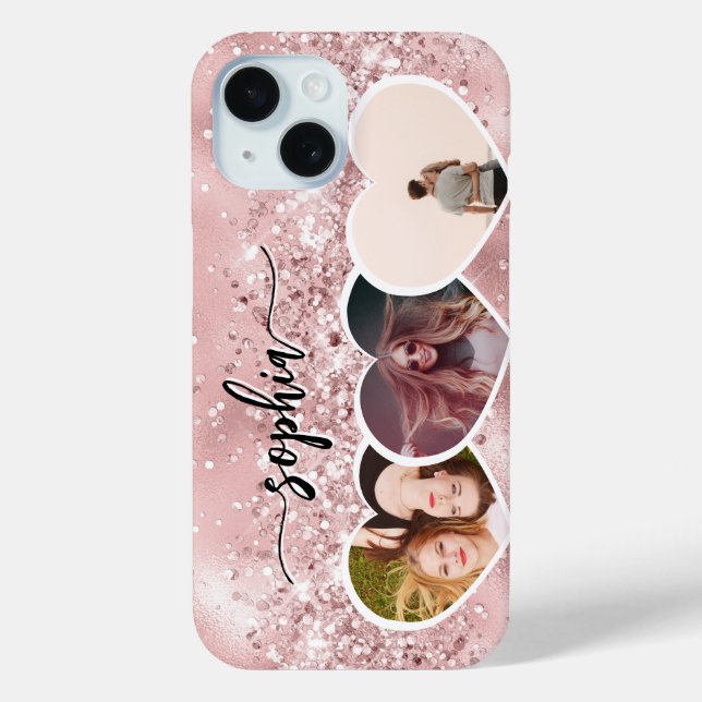 Girly Rose Gold Glitter Custom Name Photo Collage Case-Mate iPhone Case (Back)