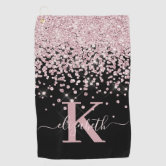 Rose Gold Glitter Diamonds on Black Monogram Golf Towel, Zazzle