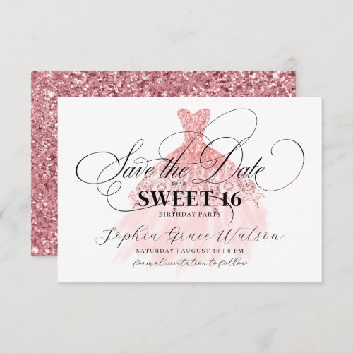 Girly Rose Gold Glitter Dress Sweet 16 Birthday Save The Date