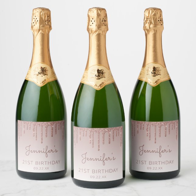 Girly Rose Gold Glitter Drip 21st Birthday Party Sparkling Wine Label (Bottles)
