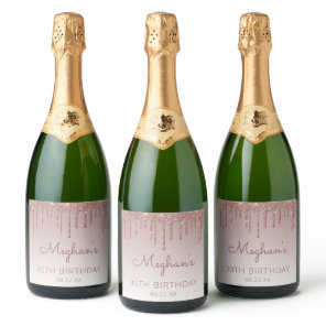 Girly Rose Gold Glitter Drip 30th Birthday Party Sparkling Wine Label