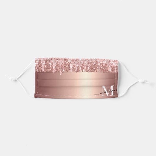 Girly Rose Gold Glitter Drip Foil Monogram Adult Cloth Face Mask (Front, Folded)
