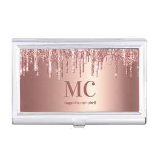 Girly Rose Gold Glitter Drip Foil Monogram Busines Business Card Case