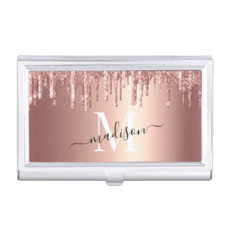 Girly Rose Gold Glitter Drip Foil Monogram Business Card Case
