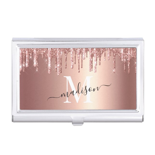 Girly Rose Gold Glitter Drip Foil Monogram Business Card Case (Front)