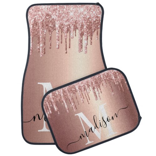 Girly Rose Gold Glitter Drip Foil Monogram Car Floor Mat