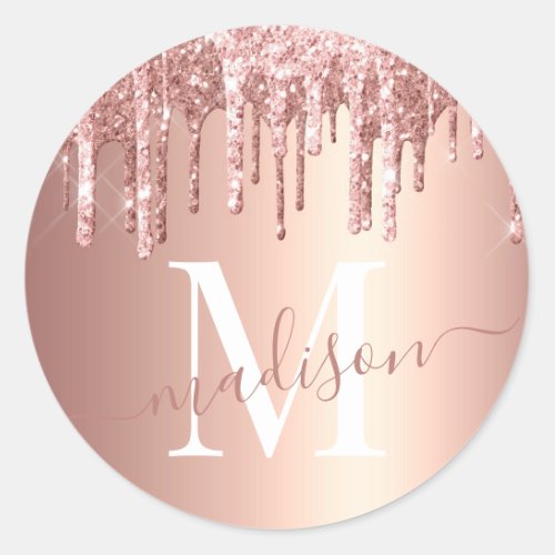 Girly Rose Gold Glitter Drip Foil Monogram Classic Round Sticker