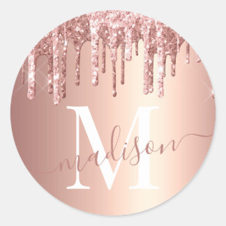Girly Rose Gold Glitter Drip Foil Monogram Classic Round Sticker