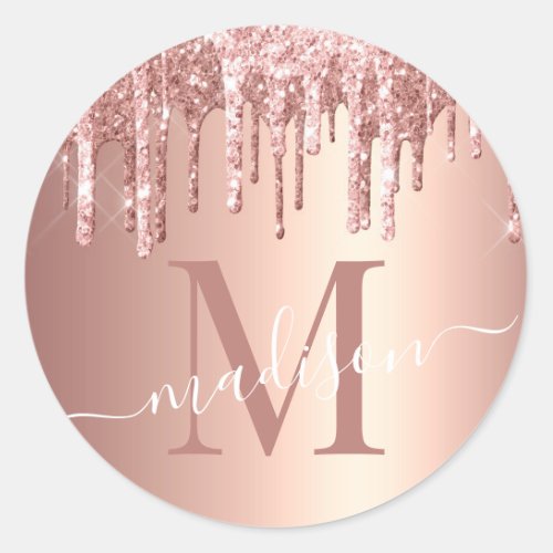 Girly Rose Gold Glitter Drip Foil Monogram Classic Round Sticker