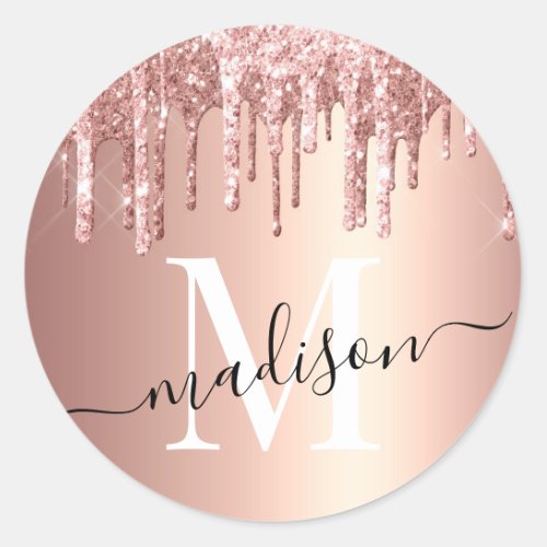 Girly Rose Gold Glitter Drip Foil Monogram Classic Round Sticker