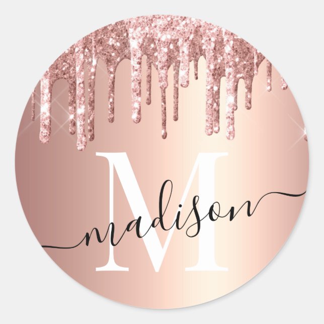 Girly Rose Gold Glitter Drip Foil Monogram Classic Round Sticker (Front)