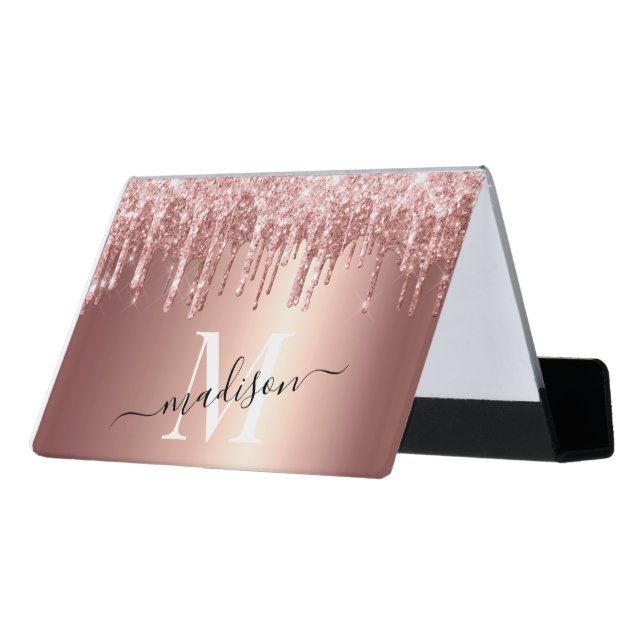 Girly Rose Gold Glitter Drip Foil Monogram Desk Business Card Holder (Angled Back)