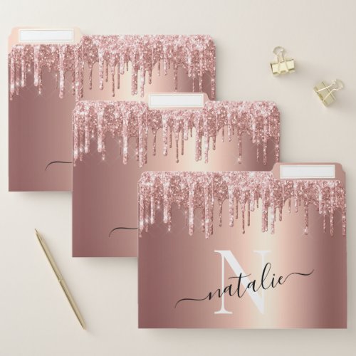 Girly Rose Gold Glitter Drip Foil Monogram File Folder