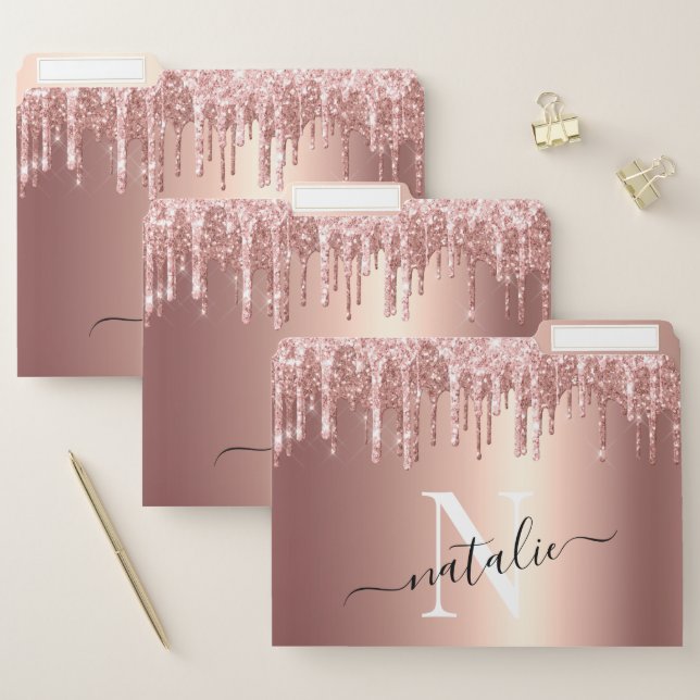 Girly Rose Gold Glitter Drip Foil Monogram File Folder (Set)
