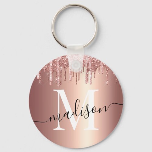 Girly Rose Gold Glitter Drip Foil Monogram Keychain