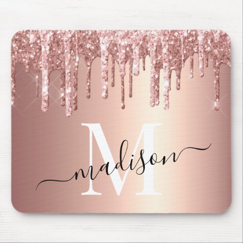 Girly Rose Gold Glitter Drip Foil Monogram Mouse Pad