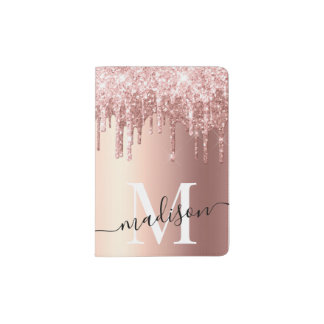 Girly Rose Gold Glitter Drip Foil Monogram Passport Holder
