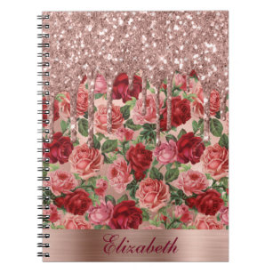 Girly Rose Gold Glitter Drips and Pink Red Floral Notebook