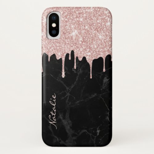 Girly Rose Gold Glitter Drips Black Marble Name iPhone XS Case