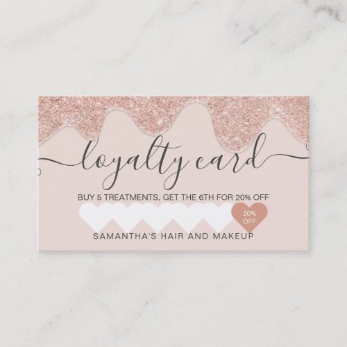 Girly rose gold glitter drips blush pink makeup loyalty card