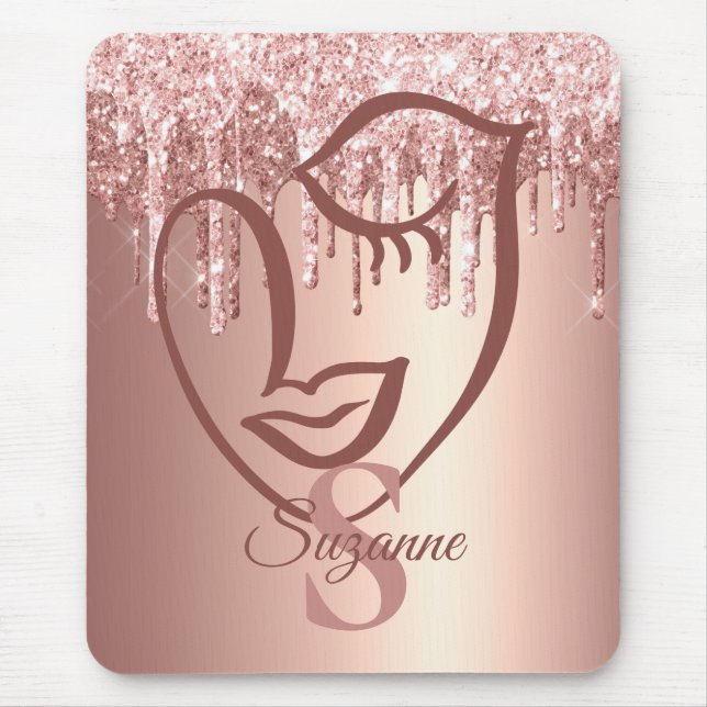 Girly Rose Gold Glitter Drips  Face Monogram Mouse Pad (Front)