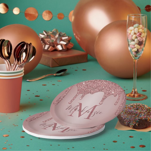 Girly Rose Gold Glitter Drips Monogram Birthday Paper Plates (Multi)