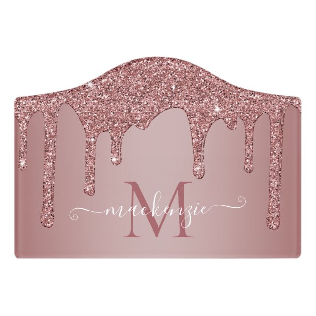 Girly Rose Gold Glitter Drips Monogram Door Sign (Small Crest Front)