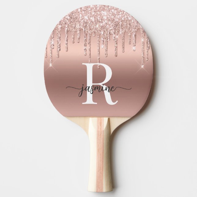 Girly Rose Gold Glitter Drips Monogram Metal Ping Pong Paddle (Front)