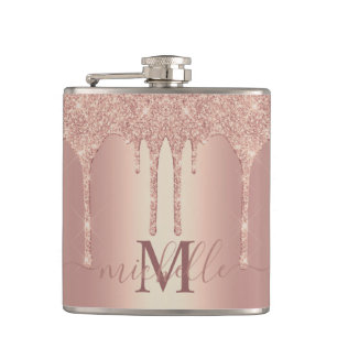 Girly Rose Gold Glitter Drips Monogram Name Flask